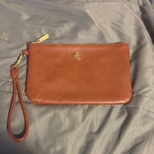 Avenue Tan Leather Wristlet with Gold Logo
